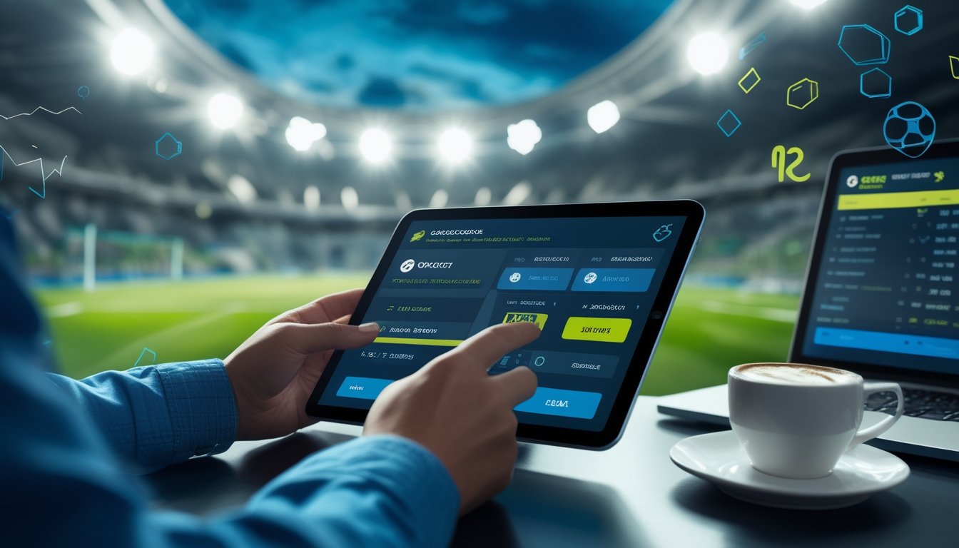 Seseorang menggunakan tablet dengan tampilan taruhan sepak bola di latar belakang stadion yang terang.