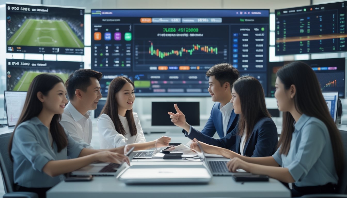 Sekelompok profesional Asia sedang berdiskusi di kantor modern dengan layar digital menampilkan data taruhan sepak bola.