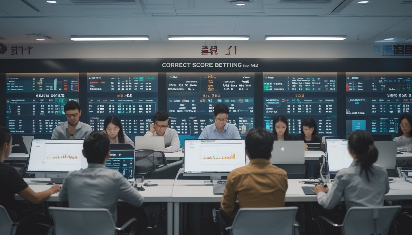 Orang-orang sedang menganalisis statistik pertandingan sepak bola di kantor modern dengan layar digital yang menampilkan peluang taruhan skor tepat dan opsi 1X2.