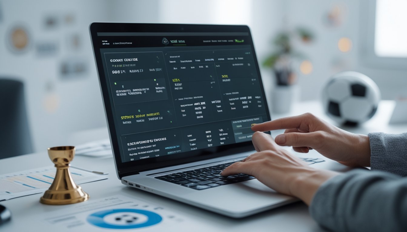 Seseorang menggunakan komputer dengan tampilan antarmuka taruhan bola online yang menunjukkan pilihan skor tepat dan pasaran 1X2.