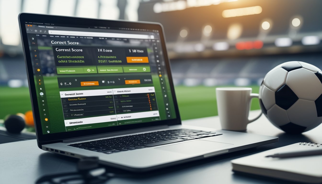 Seorang pria menggunakan laptop dengan tampilan situs taruhan bola online, dikelilingi bola sepak, kopi, dan buku catatan di meja kerja.