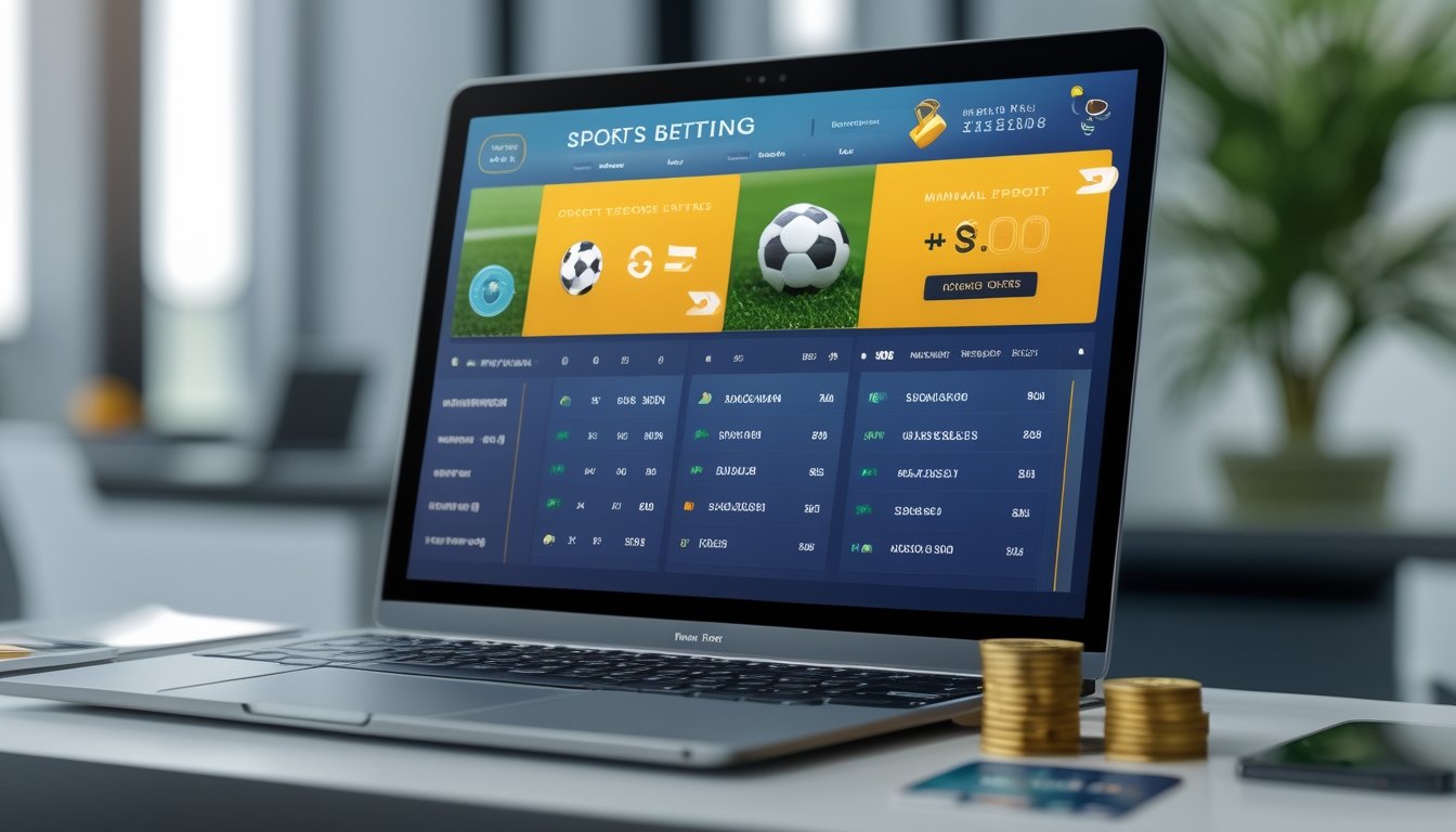 Seorang pengguna mengoperasikan komputer dengan tampilan antarmuka taruhan sepak bola yang menampilkan opsi skor tepat dan taruhan 1X2, di meja terdapat kartu kredit dan ponsel, suasana kantor modern dengan pencahayaan alami.