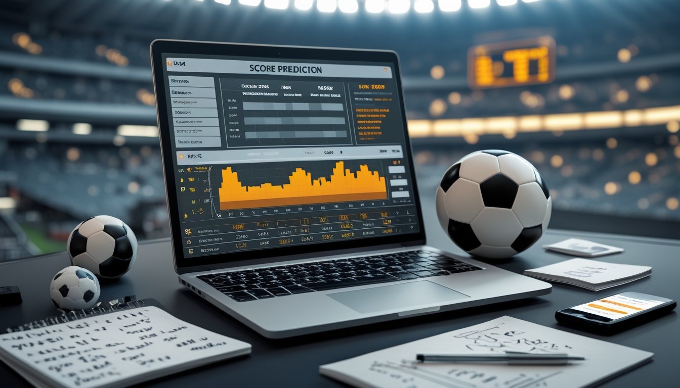 Meja kerja dengan laptop menampilkan statistik sepak bola dan prediksi skor, bola sepak, catatan tulisan tangan, dan smartphone dengan peluang taruhan, latar belakang stadion sepak bola.