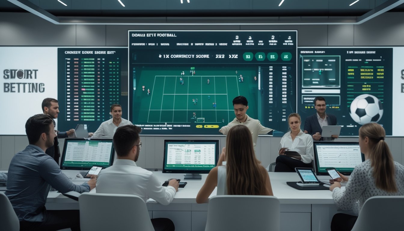 Orang-orang sedang melihat layar digital dengan statistik pertandingan sepak bola dan memasang taruhan di sebuah ruangan modern.