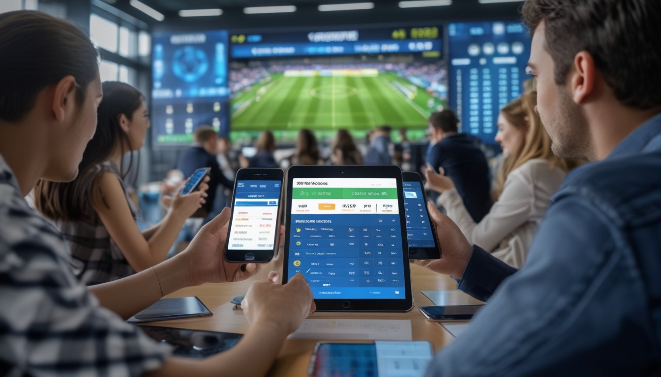Orang-orang menggunakan perangkat digital untuk memasang taruhan sepak bola dengan latar belakang stadion yang sedang berlangsung pertandingan.