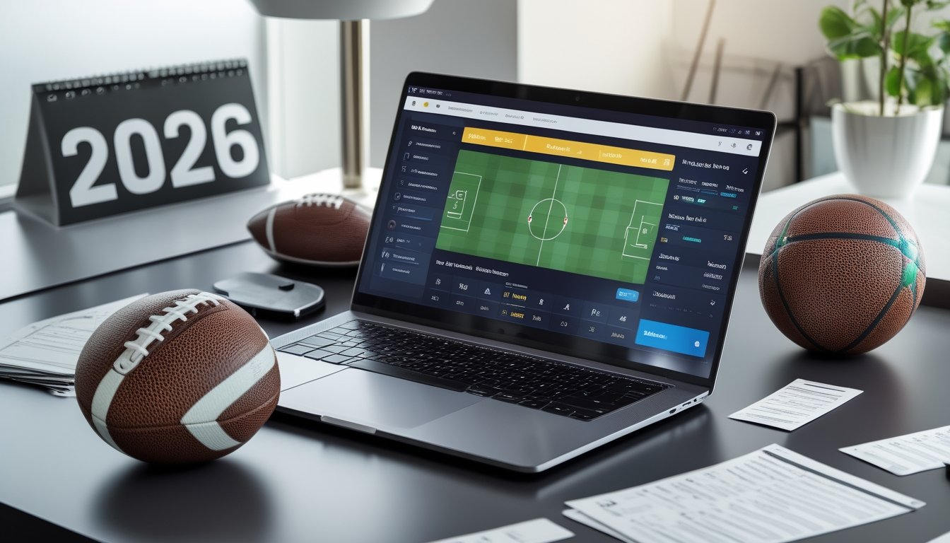 Meja kerja modern dengan laptop menampilkan statistik pertandingan sepak bola dan opsi taruhan, bola sepak, dan ponsel dengan pembaruan pertandingan langsung.