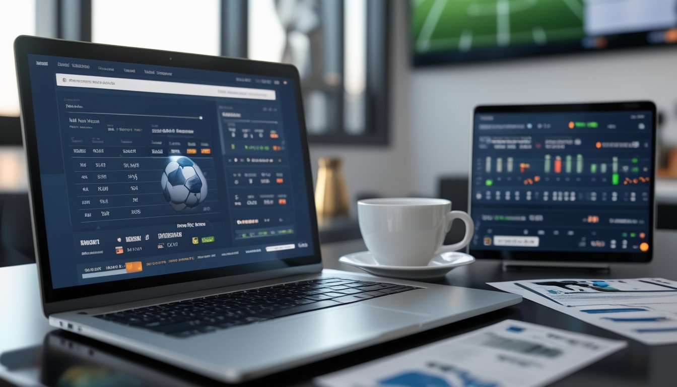 Meja kerja dengan laptop yang menampilkan statistik pertandingan sepak bola dan opsi taruhan, disertai kertas dengan grafik, ponsel dengan skor langsung, dan dekorasi bertema sepak bola.