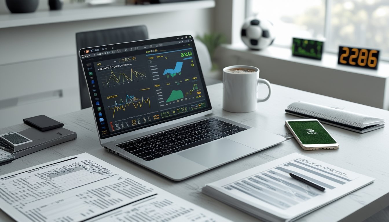 Meja kerja dengan laptop yang menampilkan statistik taruhan sepak bola, grafik, catatan, dan ponsel dengan pembaruan pertandingan sepak bola, di ruang kantor dengan pencahayaan alami.