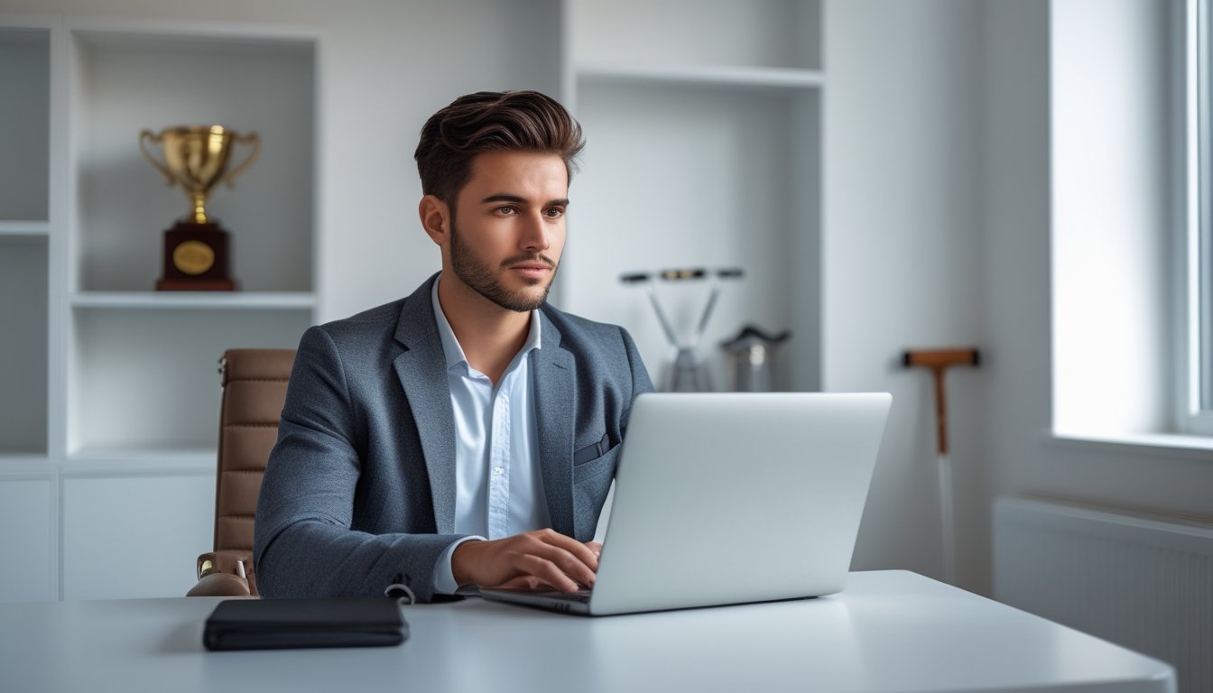 Seorang pria muda duduk di meja dengan laptop di kantor yang terang, terlihat fokus dan profesional.