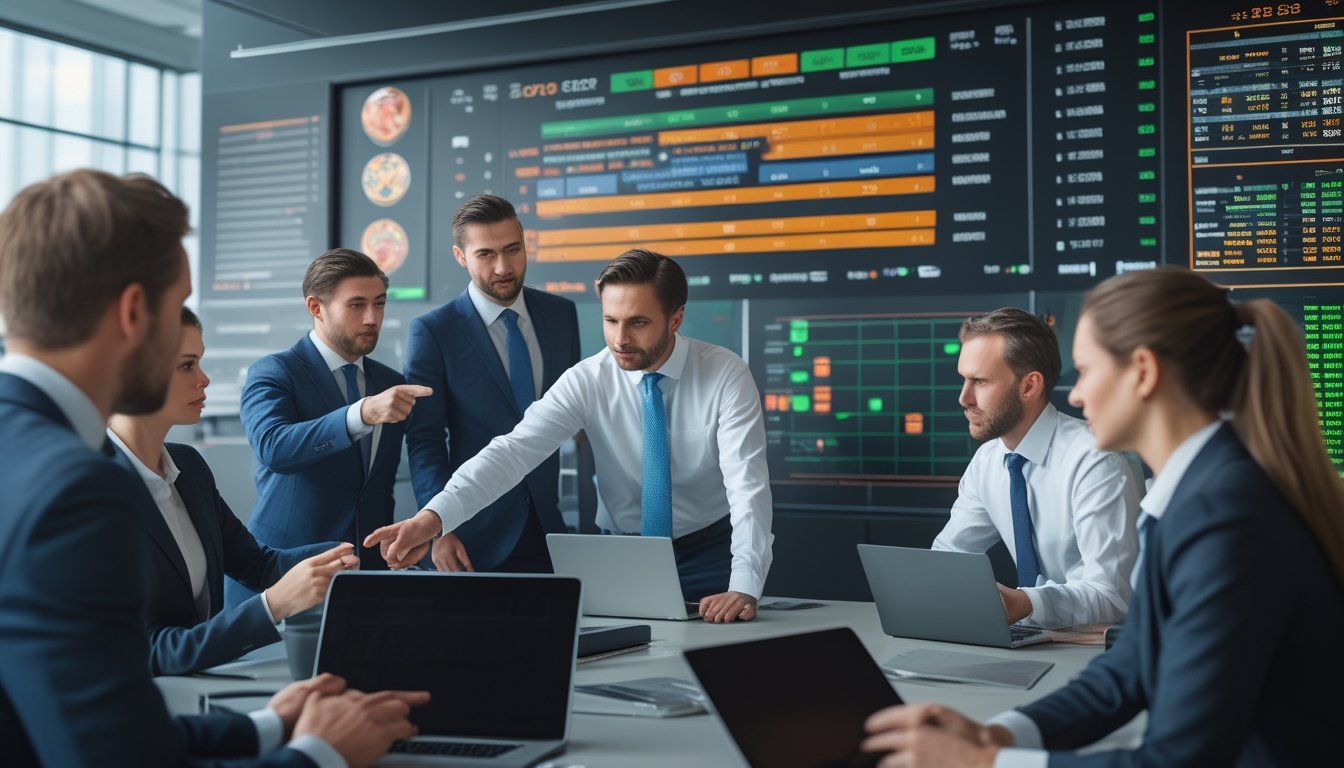 Sekelompok profesional sedang berdiskusi di kantor modern dengan layar digital menampilkan data taruhan polo tahun 2026.