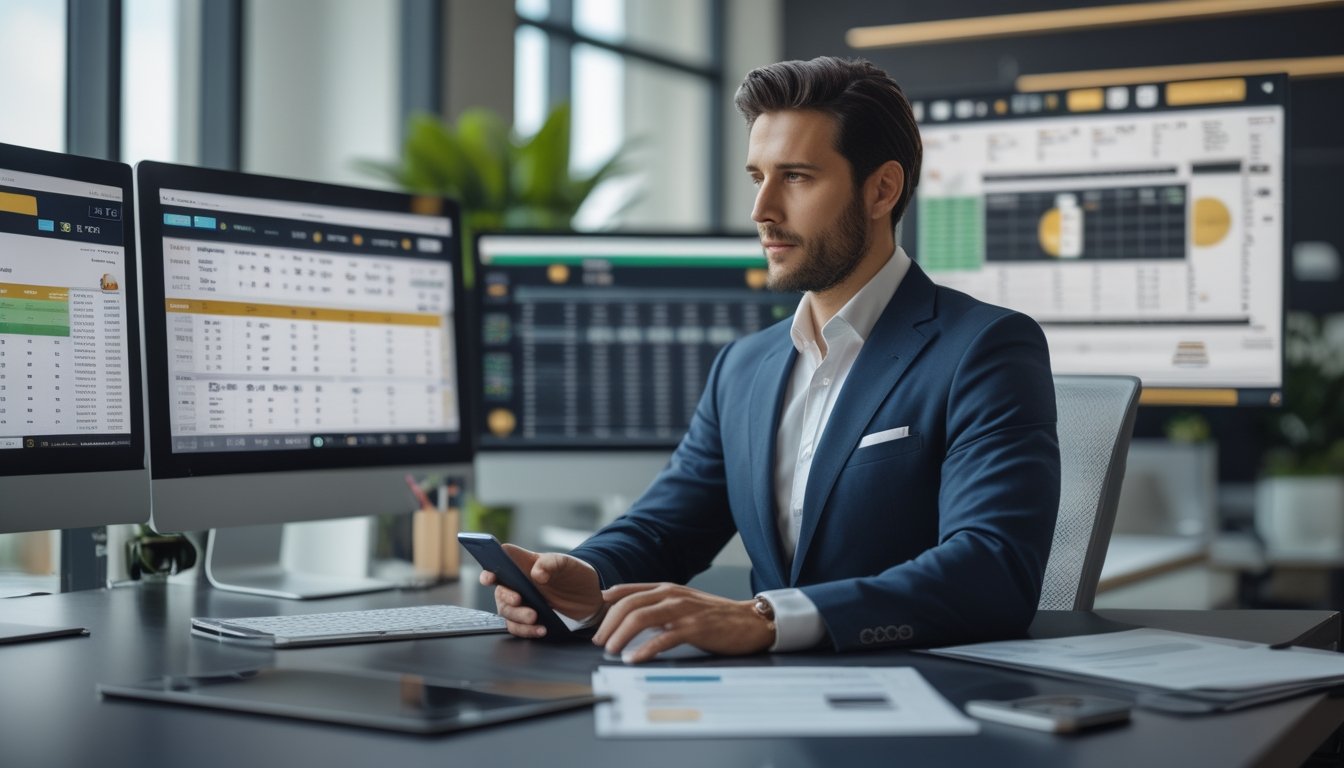 Seorang agen profesional duduk di meja modern dengan beberapa layar komputer menampilkan data taruhan polo, sedang menganalisis informasi dengan ekspresi fokus di kantor yang terang dan rapi.