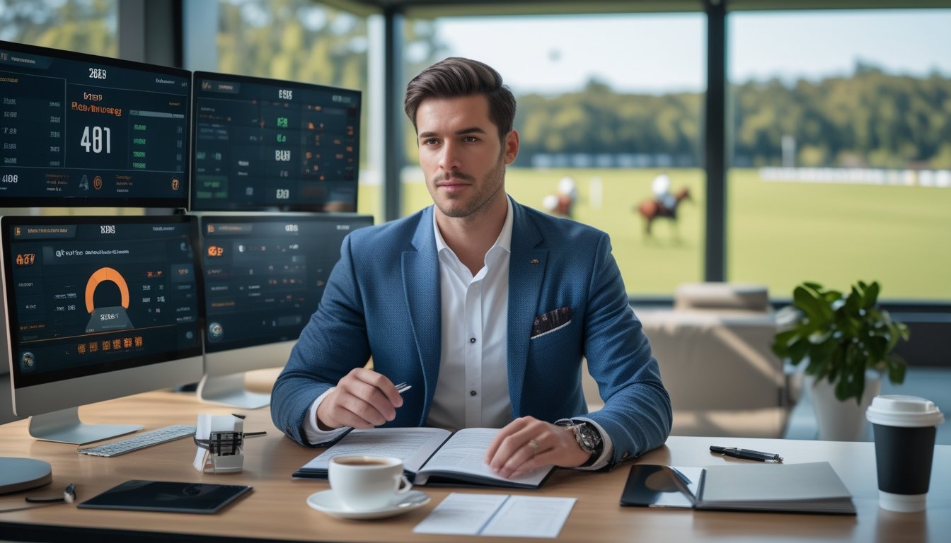 Seorang pria duduk di meja dengan beberapa monitor komputer yang menampilkan data taruhan polo, di kantor modern dengan jendela besar yang memperlihatkan pertandingan polo di luar.