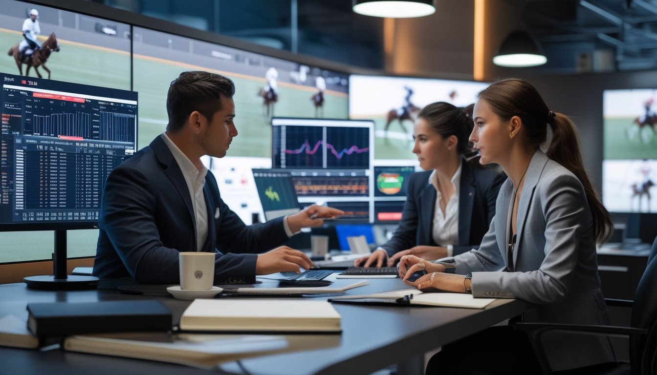 Dua orang profesional sedang menganalisis data taruhan polo di kantor modern.