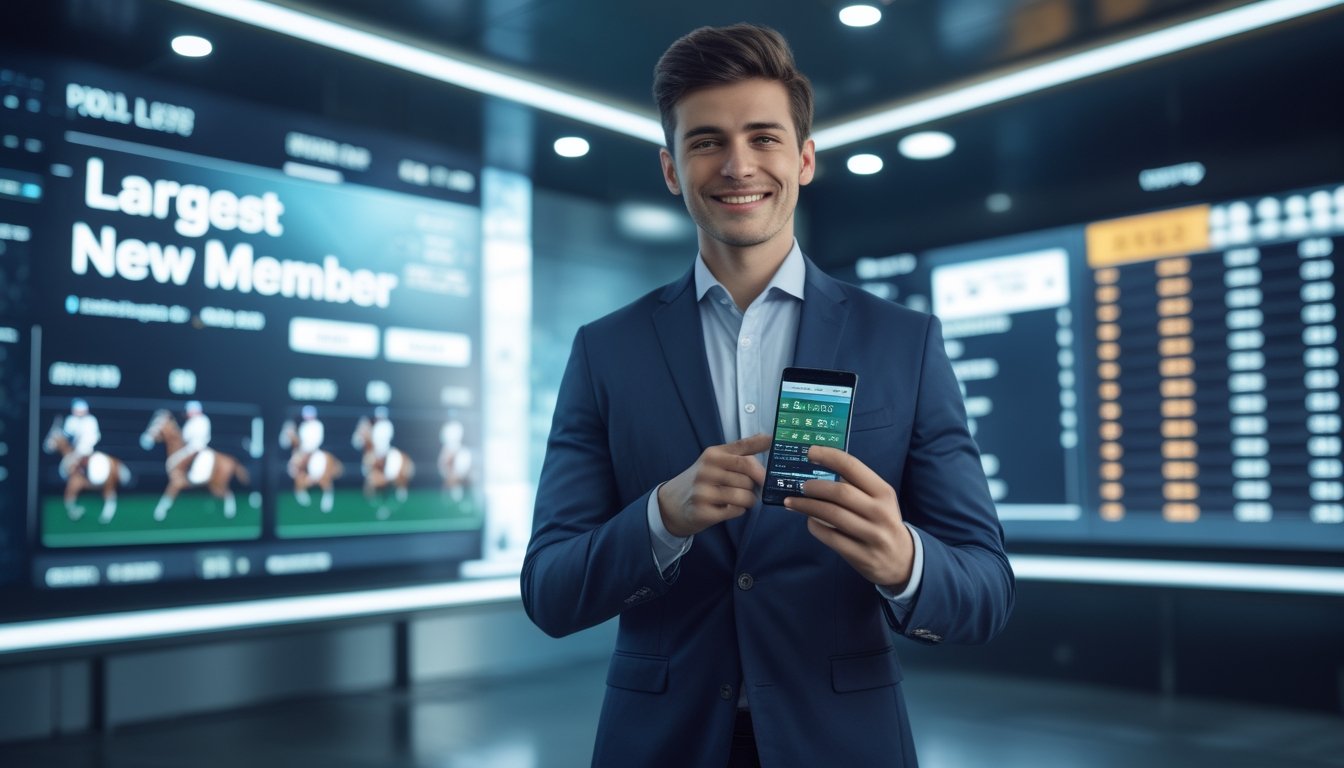Seorang profesional berdiri di kantor modern dengan layar digital menampilkan statistik pertandingan polo dan peluang taruhan, memegang tablet dengan aplikasi taruhan.
