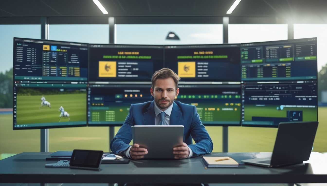 Seorang pria percaya diri sedang melihat layar digital yang menampilkan statistik dan pertandingan polo di kantor modern dengan jendela yang menghadap lapangan polo.