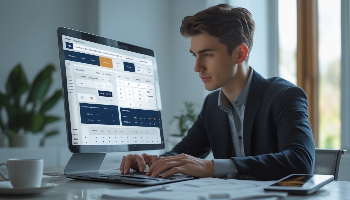 Seorang pria muda duduk di depan laptop sambil fokus melihat layar dengan data taruhan polo, di ruang kerja yang terang dan rapi.