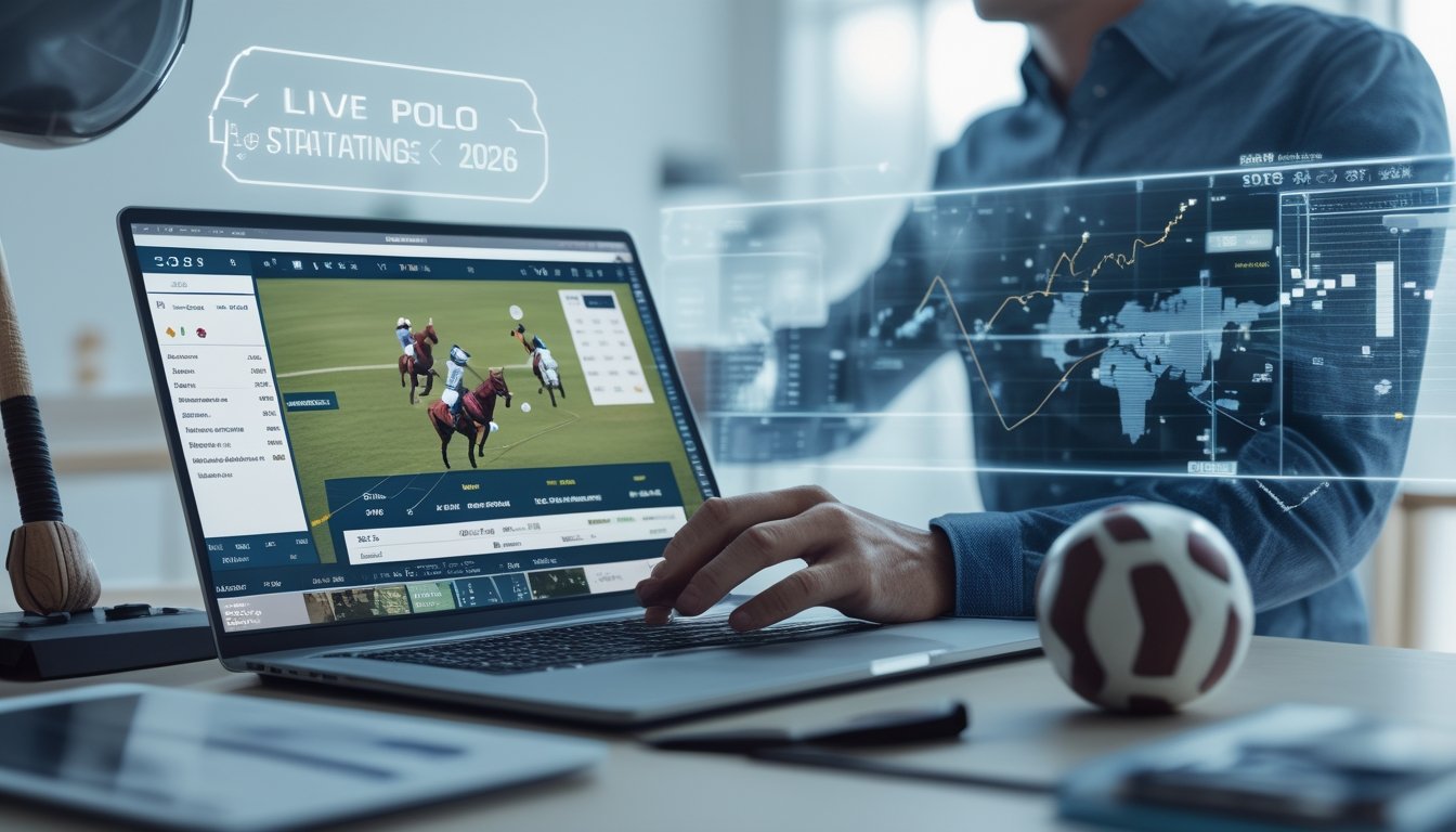 Seseorang sedang menggunakan laptop dengan tampilan pertandingan polo dan antarmuka taruhan online di meja kerja modern.