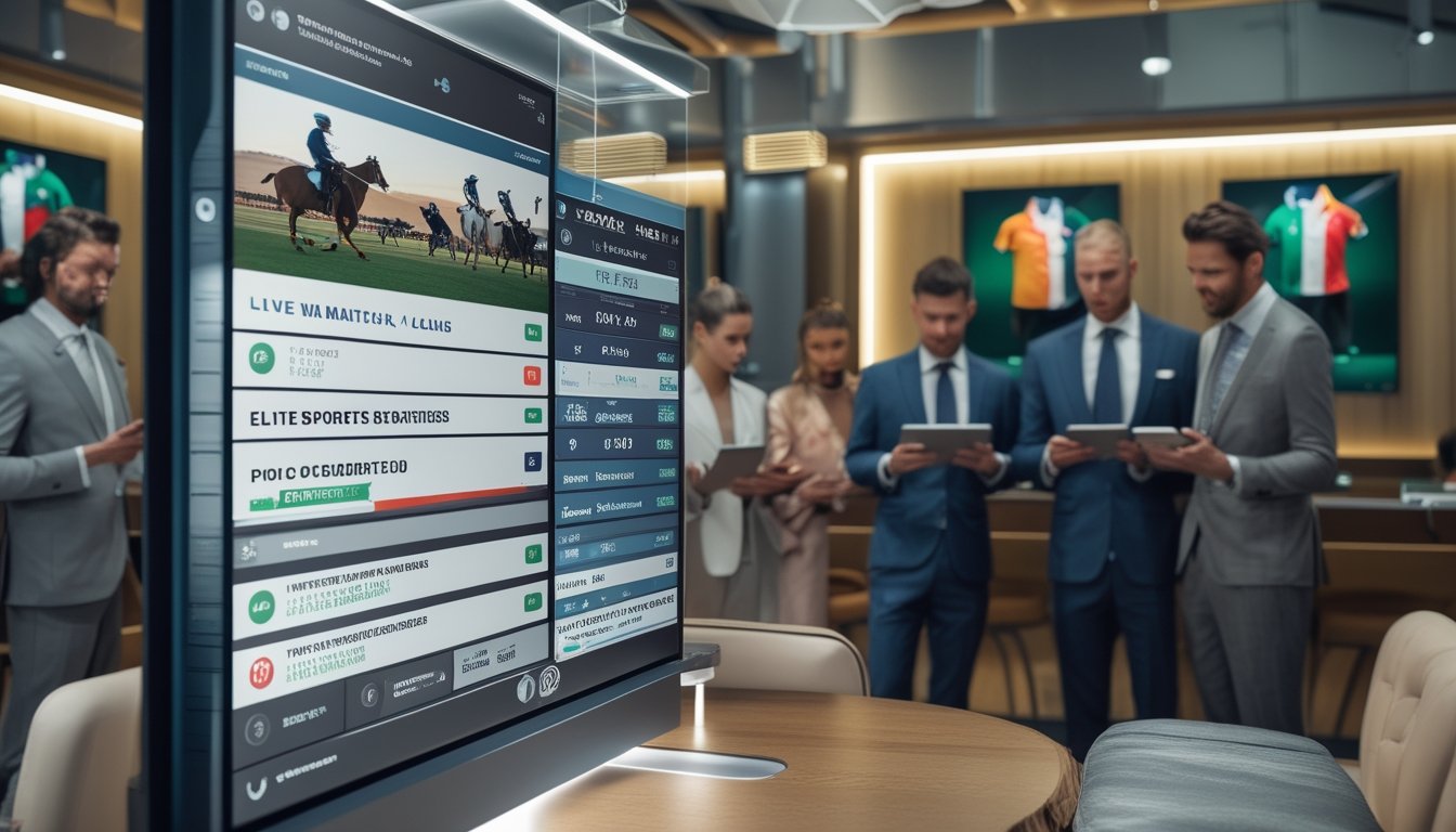 Suasana ruang taruhan olahraga mewah dengan beberapa orang sedang menggunakan perangkat digital untuk memasang taruhan pada pertandingan polo.