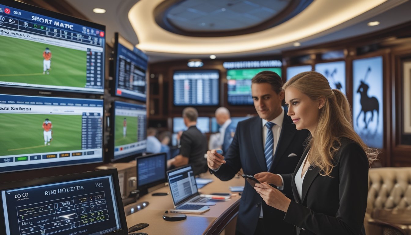 Seorang pria dan wanita berpakaian rapi sedang menganalisis data pertandingan polo di layar digital dalam suasana lounge olahraga mewah.