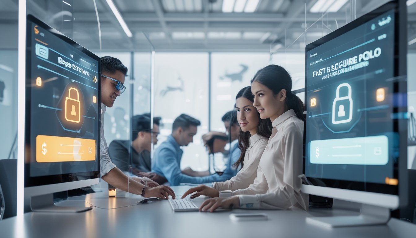 Beberapa orang muda sedang menggunakan teknologi modern di ruang kantor yang cerah dengan layar digital transparan dan elemen terkait polo di latar belakang.