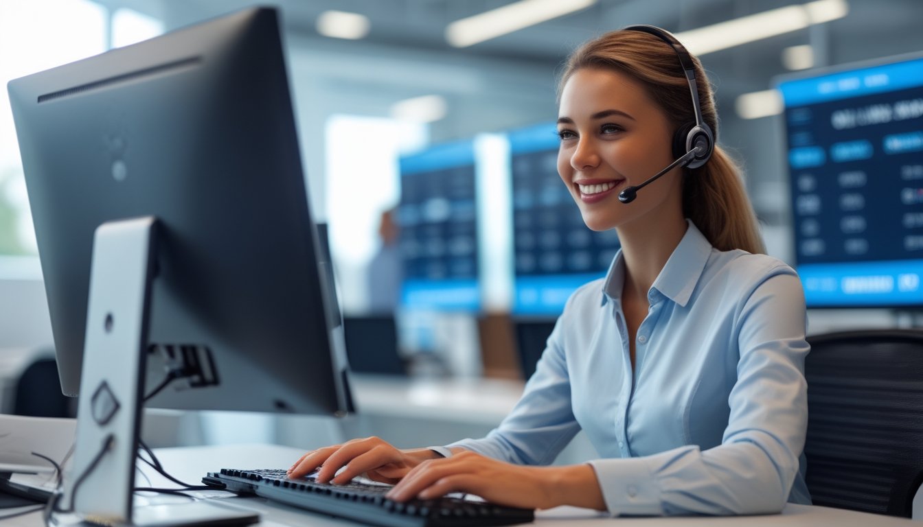 Seorang agen layanan pelanggan profesional sedang bekerja dengan headset di kantor modern, tersenyum dan menggunakan komputer.