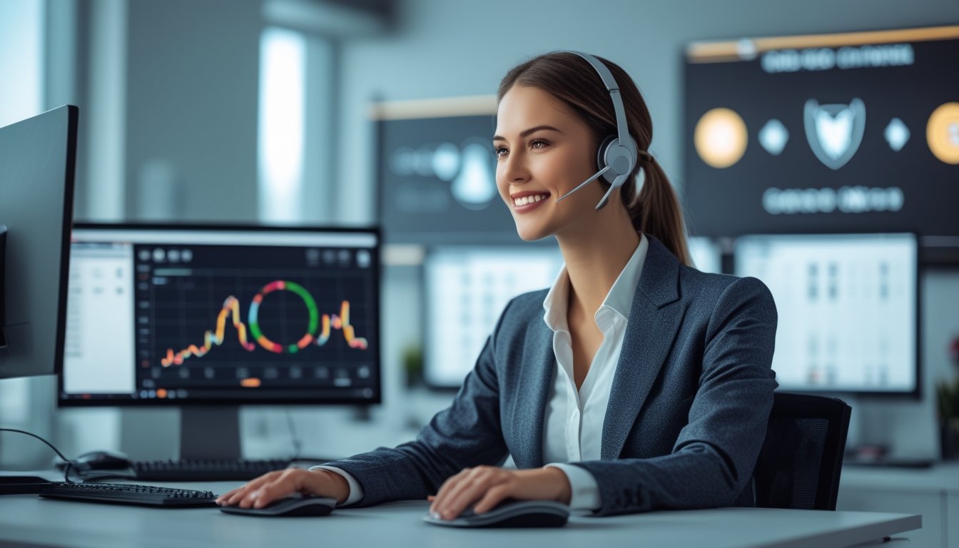 Seorang agen layanan pelanggan profesional dengan headset sedang bekerja di kantor modern dengan beberapa layar komputer.