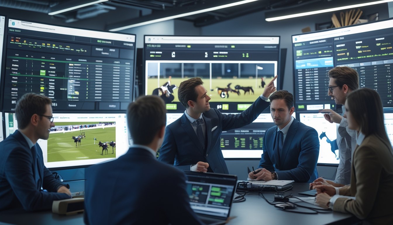 Sekelompok profesional sedang menganalisis data pertandingan polo di kantor modern dengan layar digital besar dan peralatan teknologi.