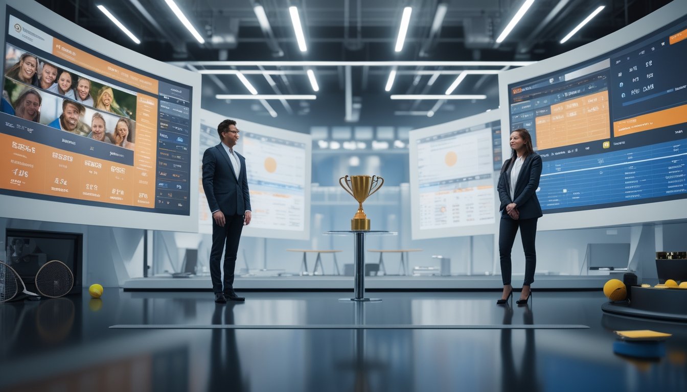 Dua orang profesional berdiri di kantor modern dengan layar digital besar menampilkan statistik dan informasi pertandingan tenis secara real-time.