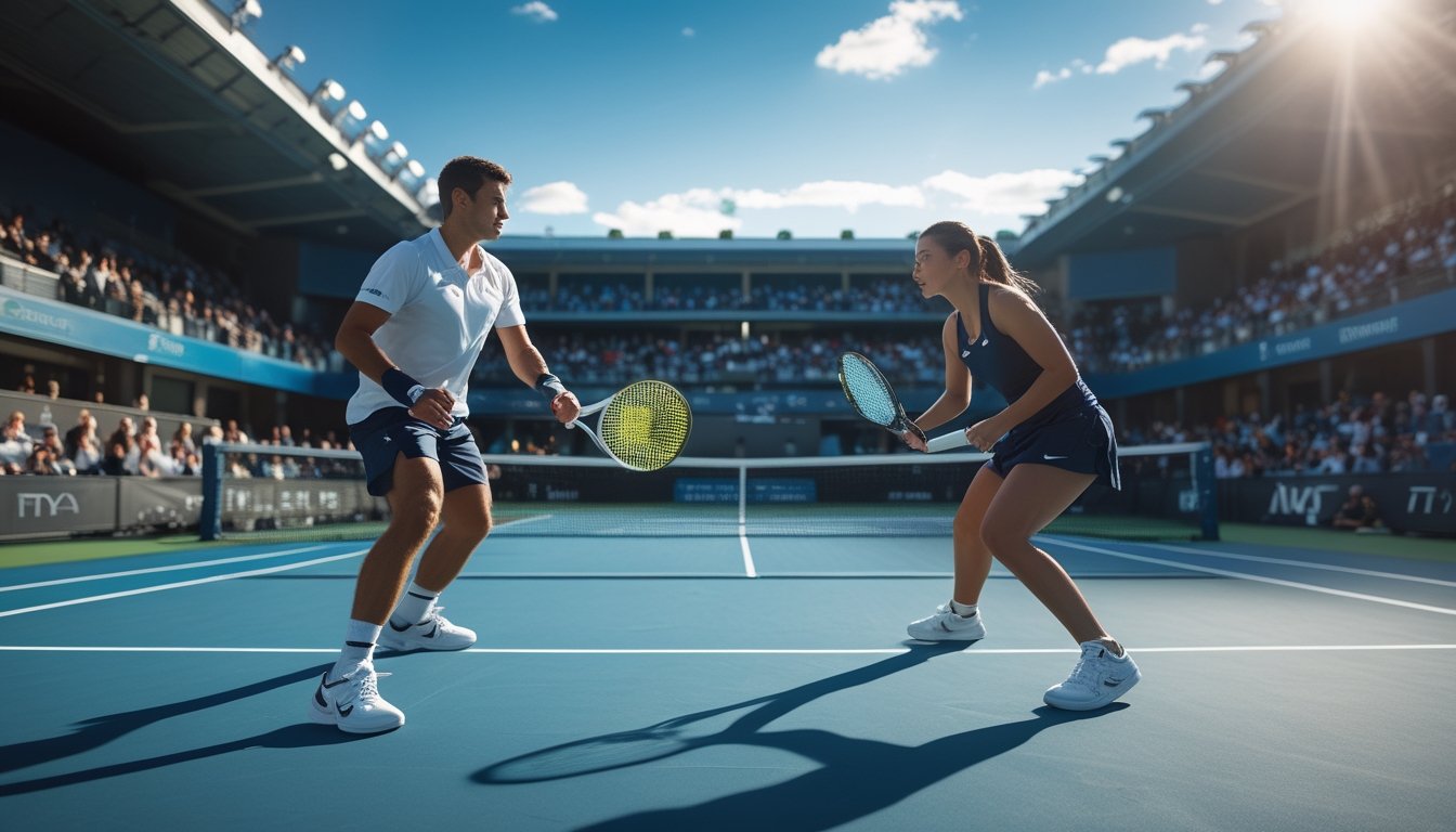 Dua pemain tenis sedang bertanding di lapangan terbuka dengan penonton di stadion besar di belakang mereka.