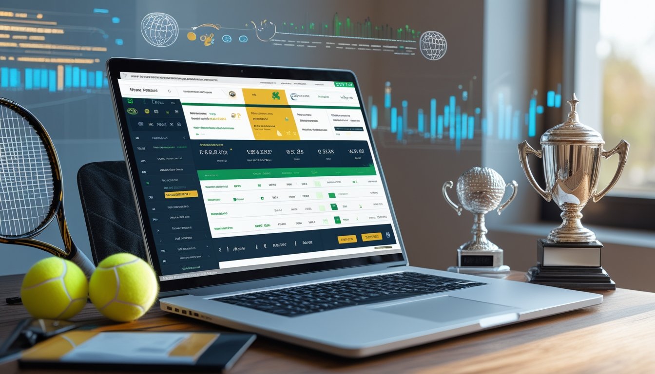 Seorang pria menggunakan laptop di meja kerja dengan bola tenis dan raket di sampingnya, menampilkan situs taruhan tenis online.