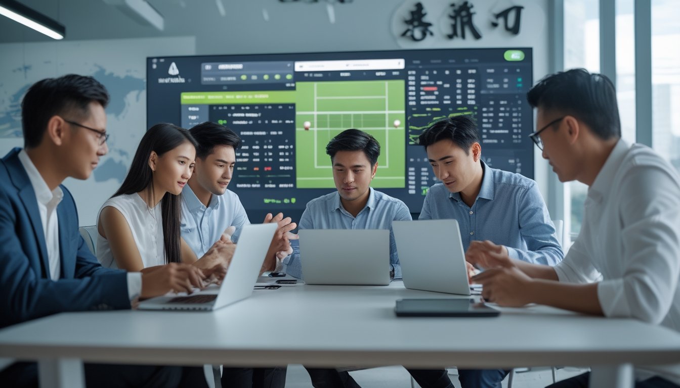 Sekelompok orang bekerja di kantor modern dengan layar digital menampilkan statistik pertandingan tenis dan grafik.