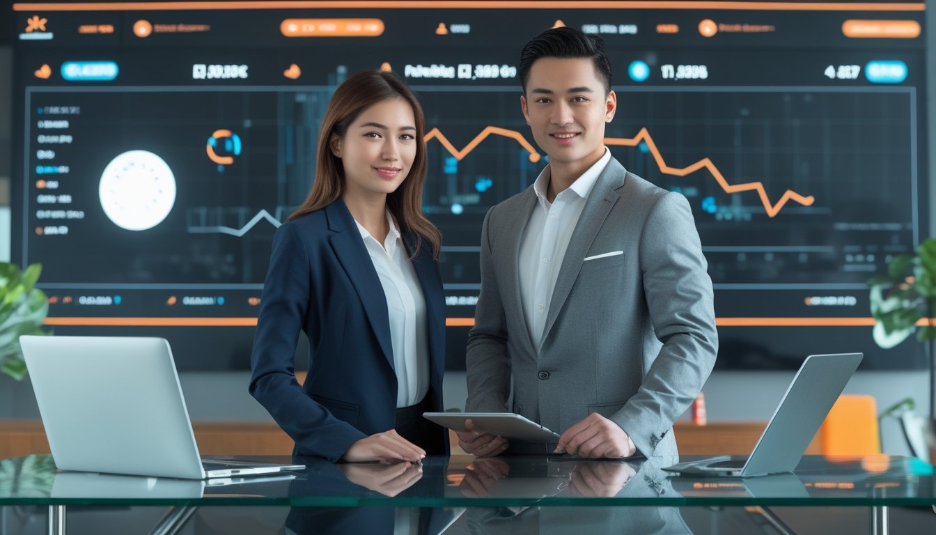 Dua analis olahraga Asia berdiri di kantor modern dengan layar digital menampilkan statistik tenis dan peluang taruhan.