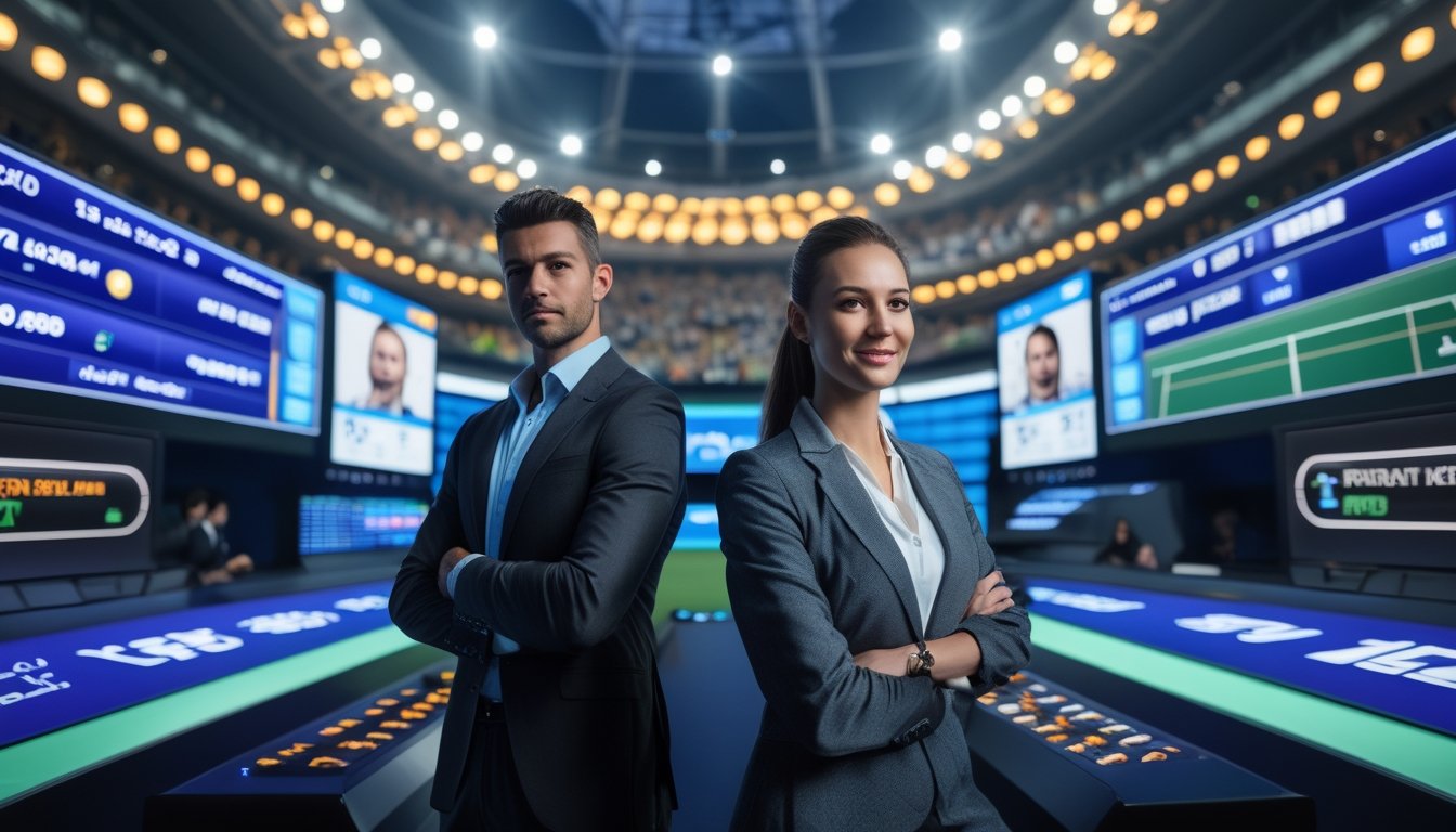 Orang-orang di lingkungan taruhan tenis yang modern dengan layar digital menampilkan statistik pertandingan tenis langsung dan stadion tenis yang ramai di latar belakang.