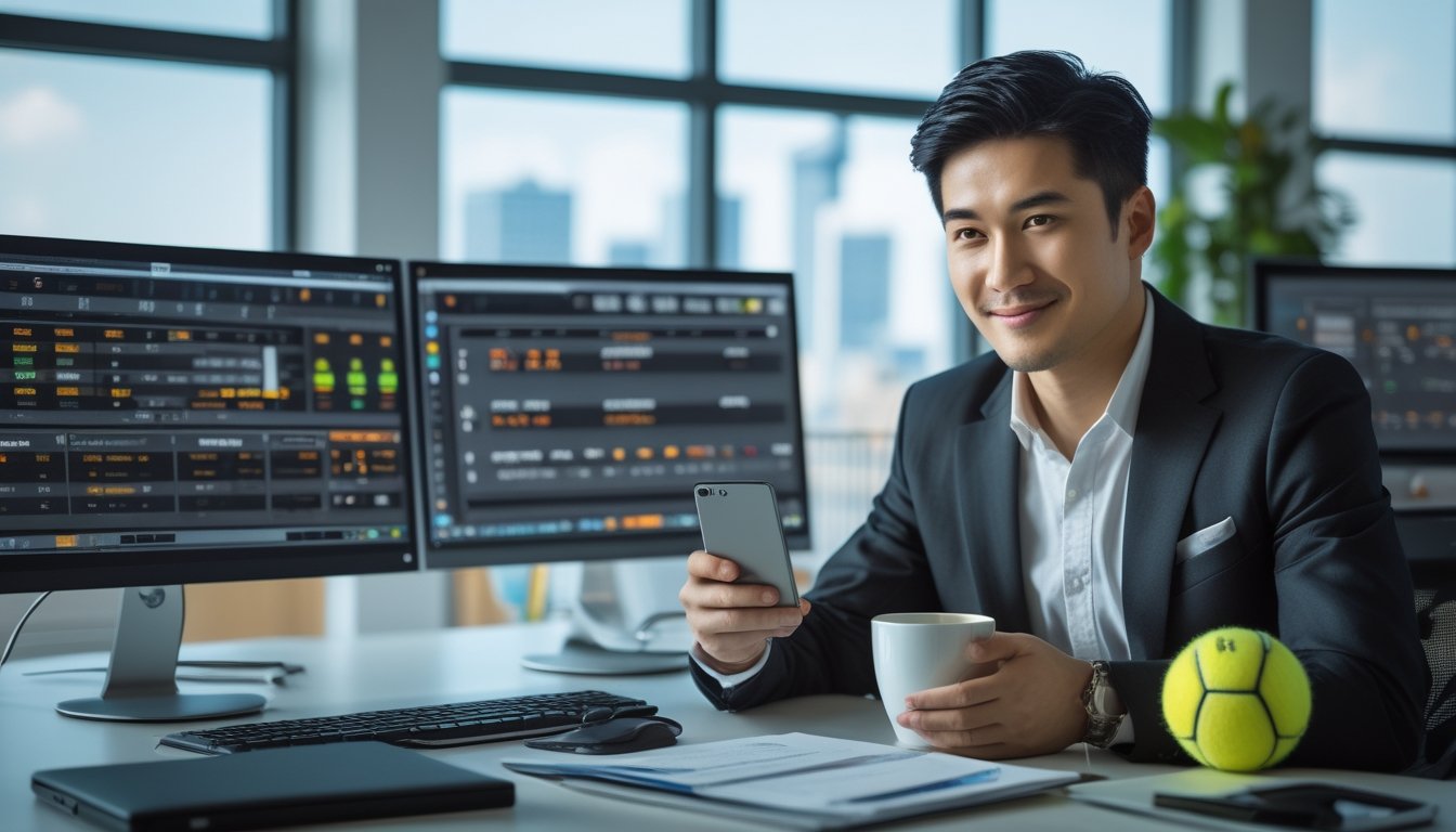 Seorang pria Asia profesional duduk di meja kantor modern dengan layar komputer menampilkan statistik tenis dan peluang taruhan.