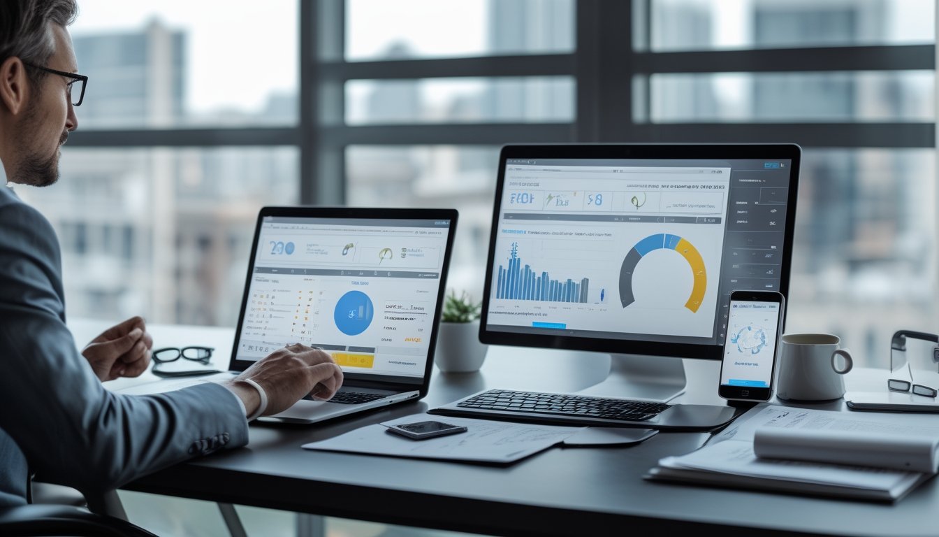 Seorang profesional bisnis duduk di meja modern dengan perangkat digital yang menampilkan data taruhan tenis, di kantor terang dengan pemandangan kota.