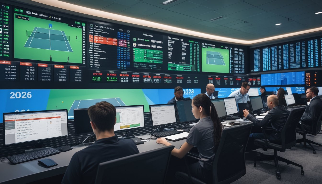 Suasana kantor taruhan tenis modern dengan beberapa layar besar menampilkan pertandingan Wimbledon dan US Open serta orang-orang yang sedang menganalisis data taruhan.