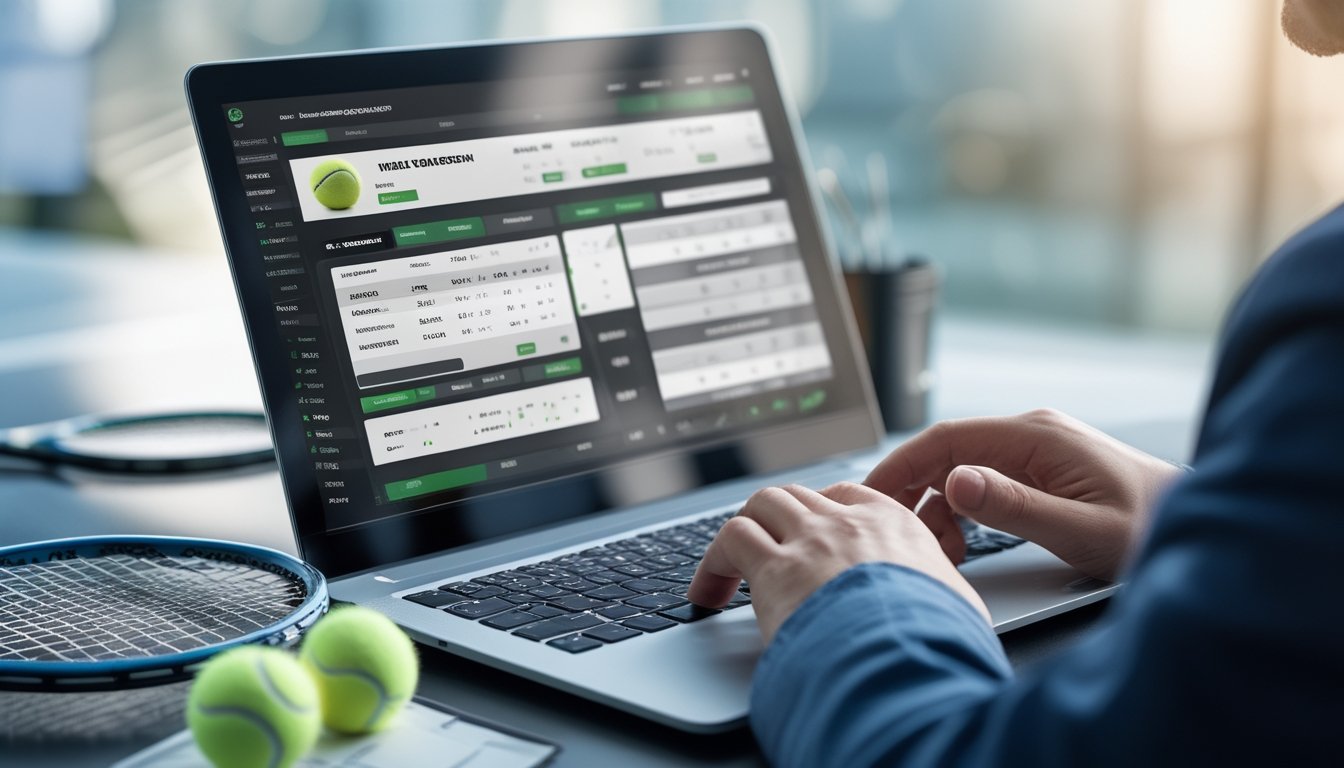 Seorang profesional menggunakan perangkat digital dengan layar menampilkan statistik dan opsi taruhan tenis untuk Wimbledon dan US Open.