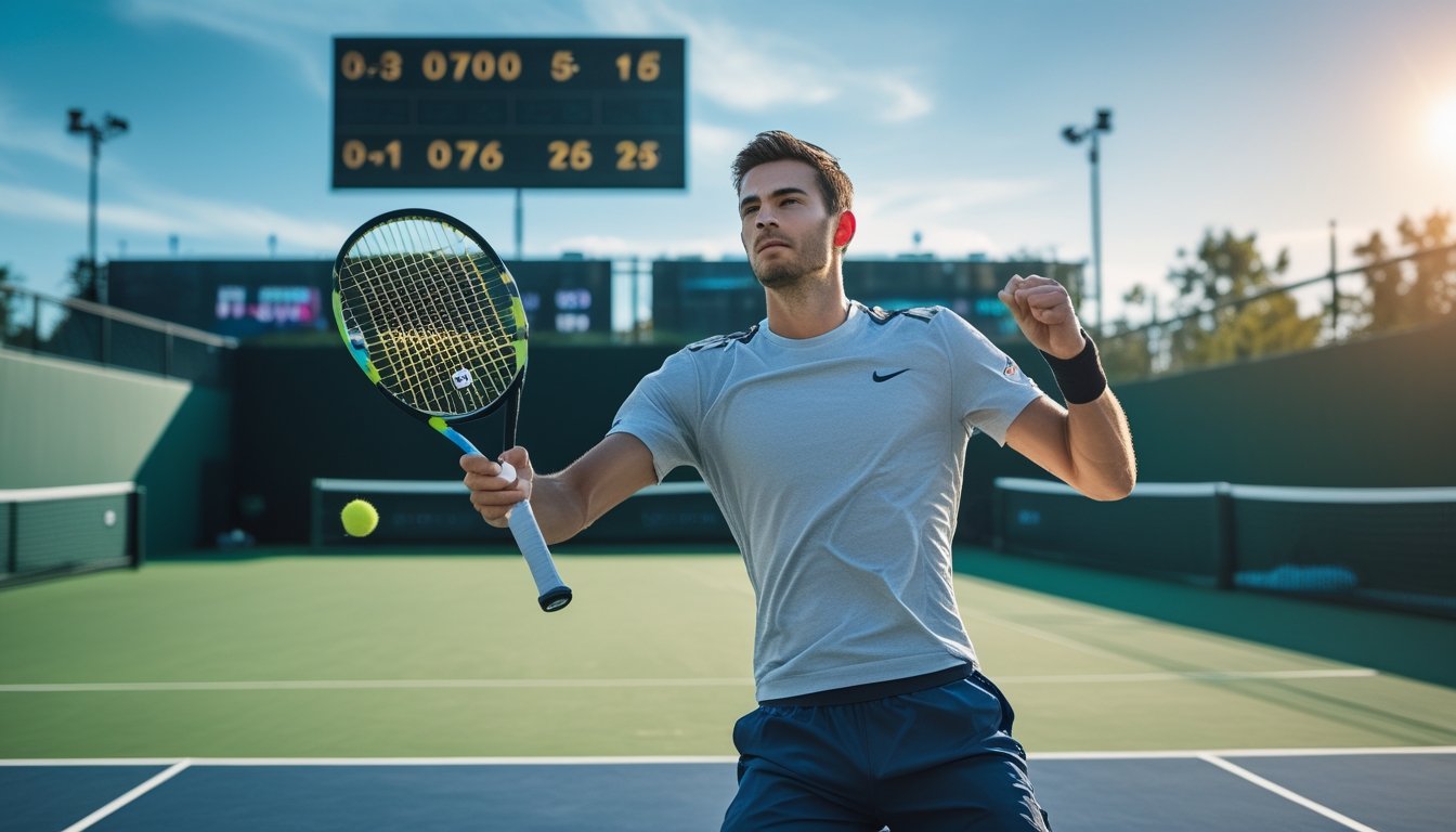 Seorang pemain tenis pria sedang bersiap memukul bola di lapangan tenis luar ruangan pada hari cerah.