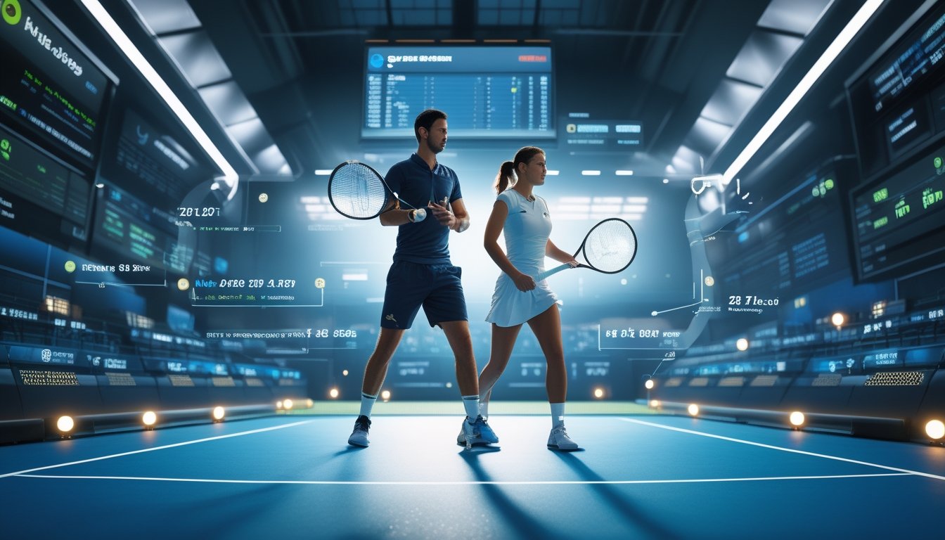 Dua pemain tenis profesional sedang bermain di lapangan dengan tampilan data taruhan tenis digital di latar belakang.