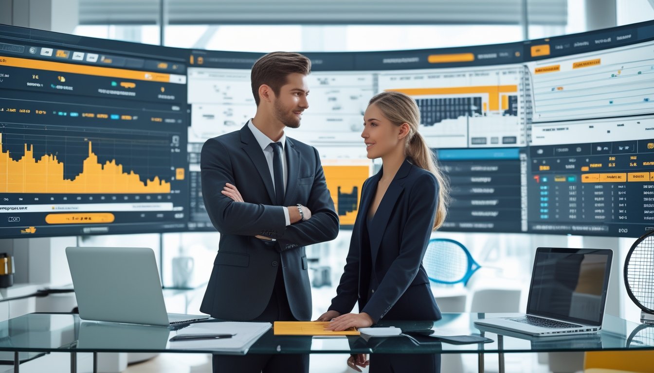 Dua orang profesional sedang melihat data taruhan tenis di layar digital di dalam kantor modern.