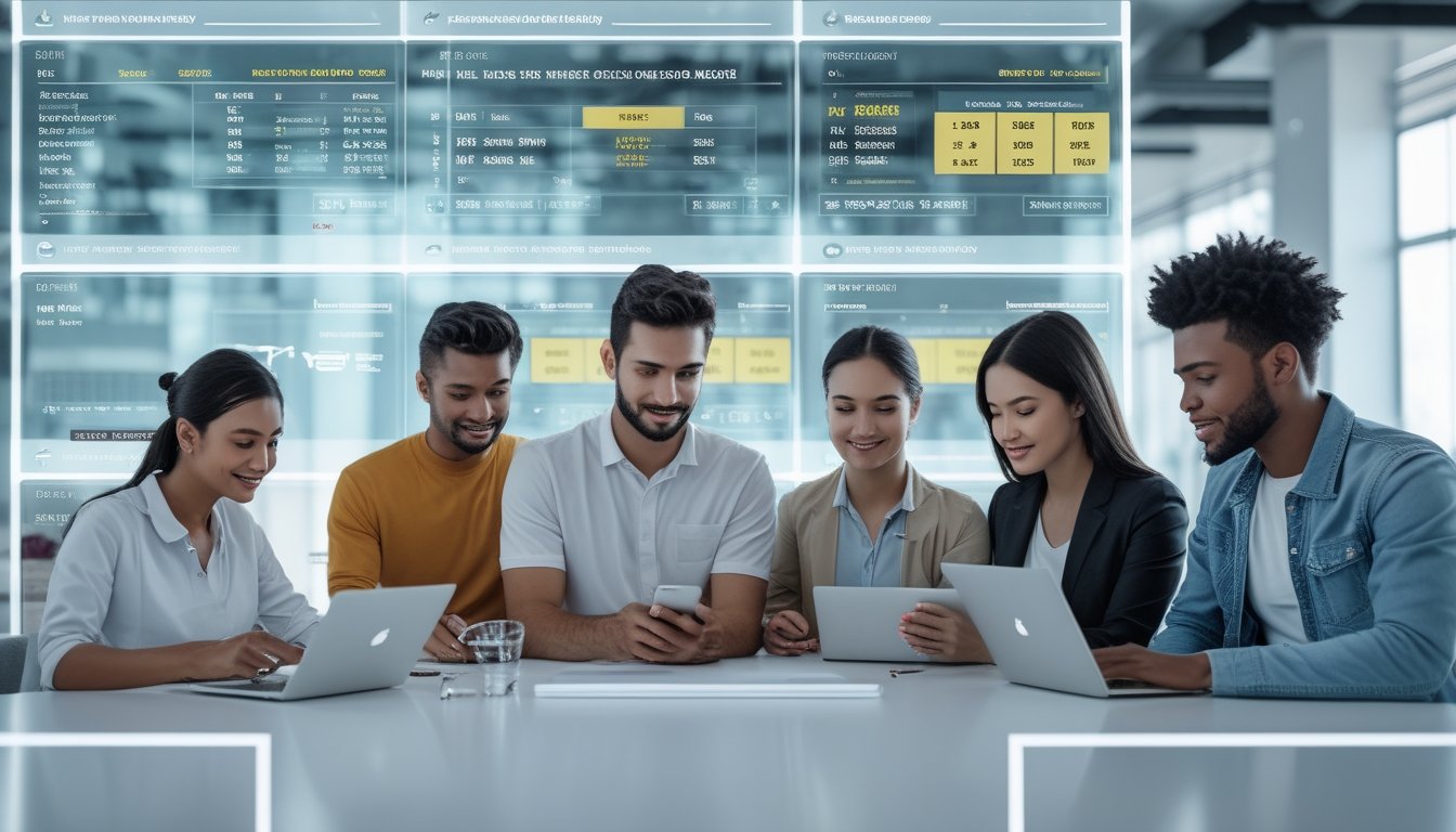 Sekelompok orang muda menggunakan perangkat digital untuk taruhan tenis dengan latar kantor modern dan teknologi canggih.