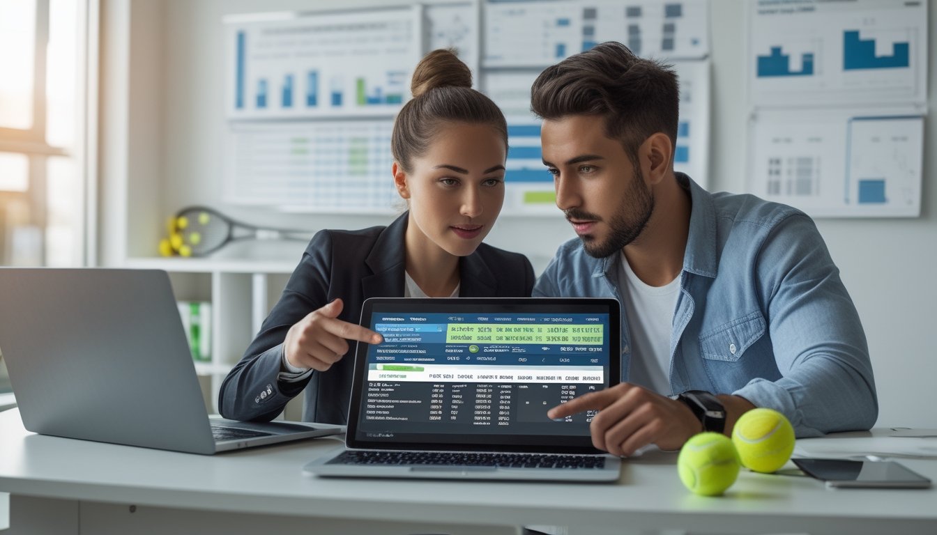 Dua orang muda sedang berdiskusi serius di meja dengan perangkat digital menampilkan statistik tenis dan peluang taruhan.