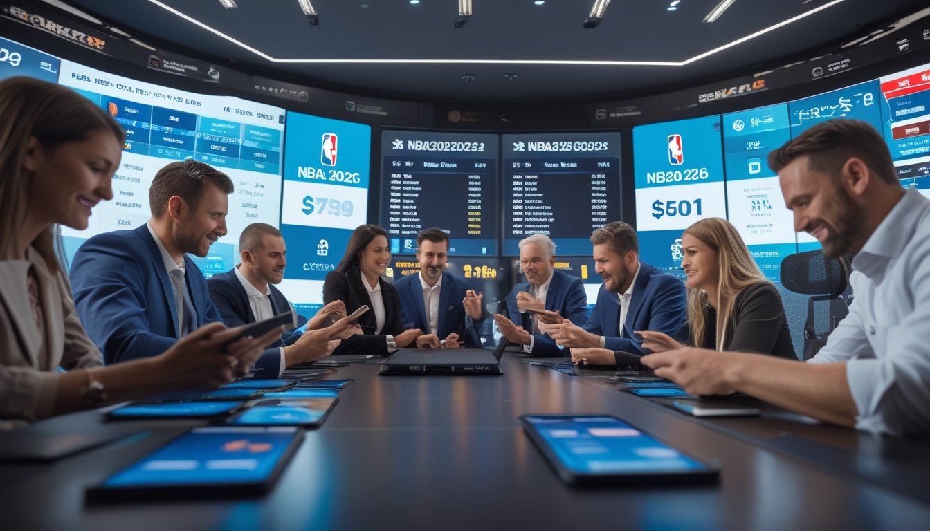 Orang-orang yang antusias menggunakan perangkat digital untuk memasang taruhan NBA di ruang modern dengan layar besar menampilkan statistik dan skor pertandingan.
