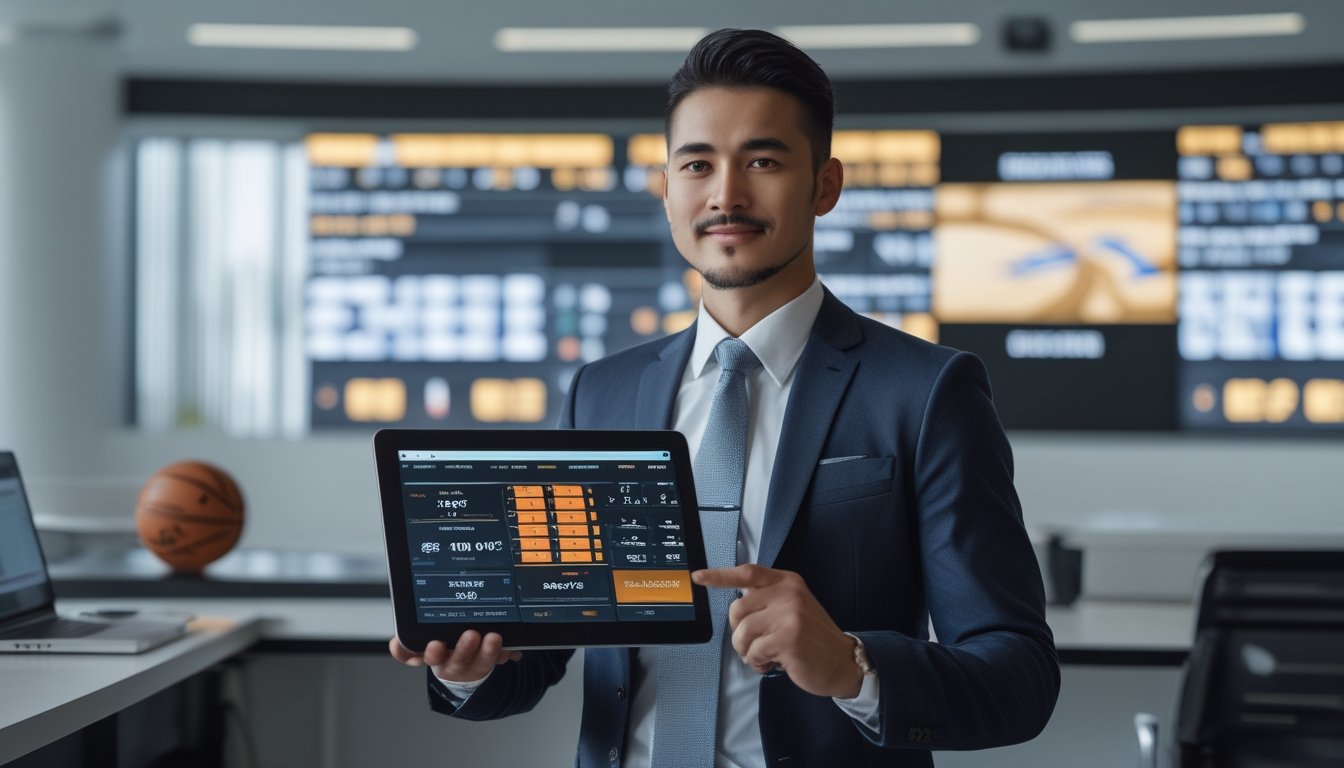 Seorang pria percaya diri di kantor modern memegang tablet dengan statistik bola basket, layar besar menampilkan sorotan pertandingan NBA di latar belakang.