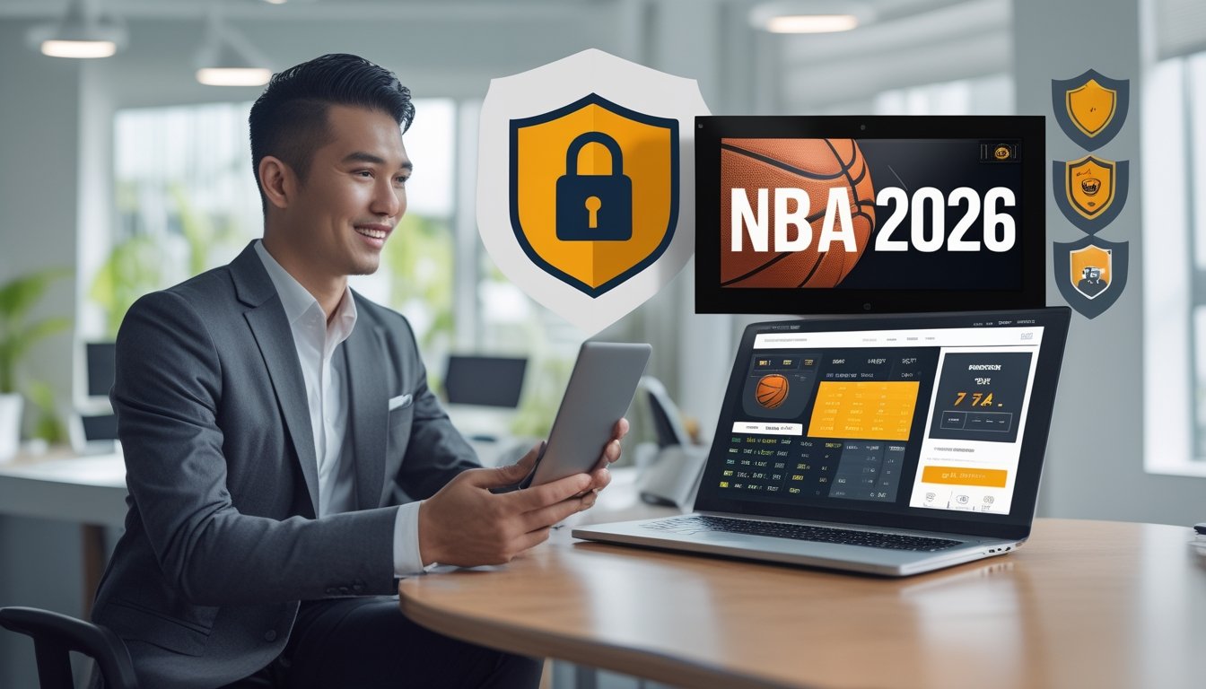 Seorang pria Indonesia menggunakan laptop dan ponsel di ruang kantor yang terang dengan layar menampilkan statistik dan peluang taruhan bola basket.