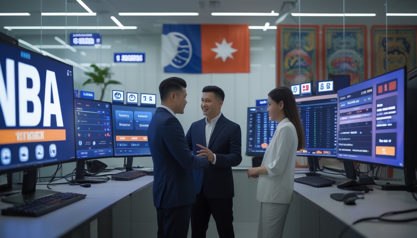 Dua orang profesional sedang bekerja bersama di depan layar komputer yang menampilkan statistik dan data taruhan NBA, dengan elemen budaya Indonesia di latar belakang.