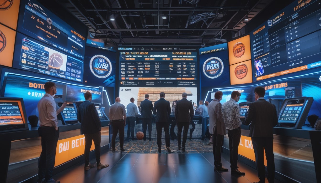 Orang-orang menggunakan perangkat elektronik untuk bertaruh pada pertandingan NBA di lingkungan taruhan olahraga yang modern dan ramai.