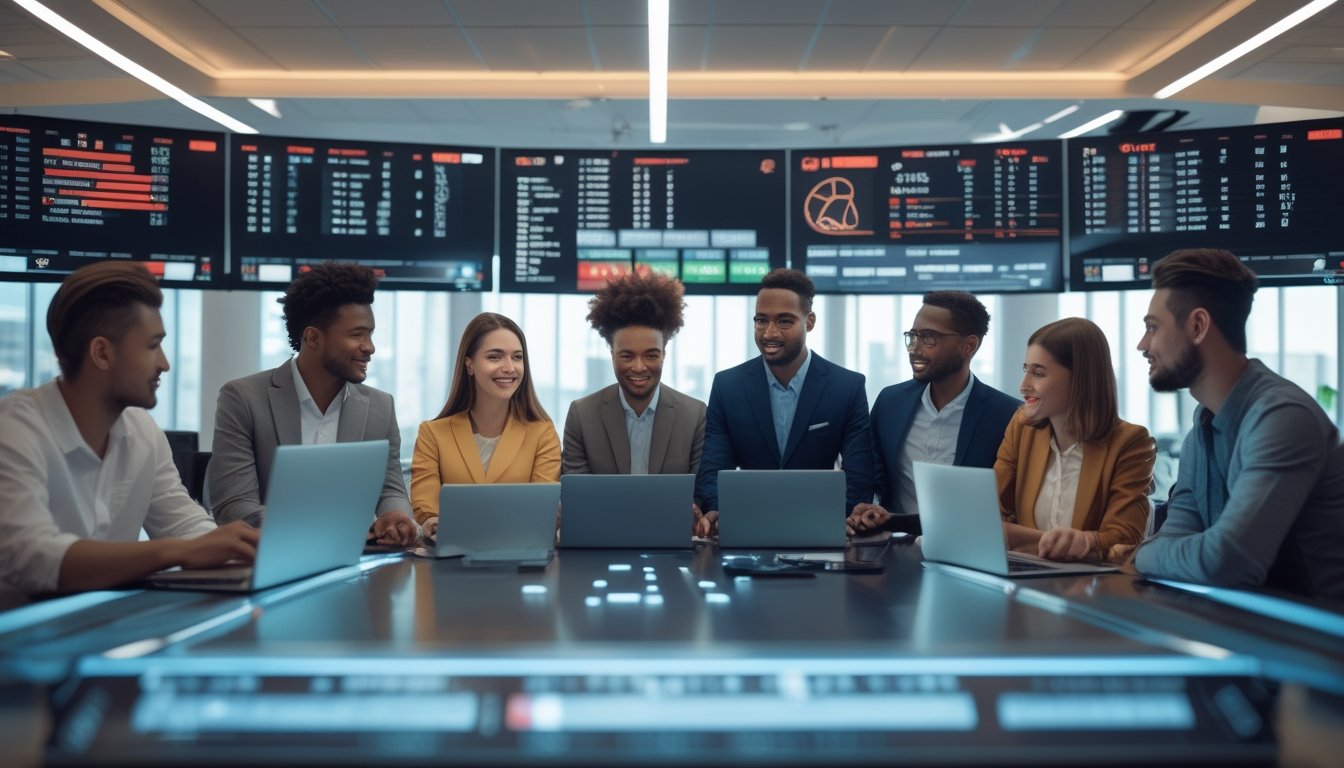 Sekelompok orang muda sedang berdiskusi di kantor modern dengan layar besar menampilkan pertandingan NBA dan statistik taruhan.
