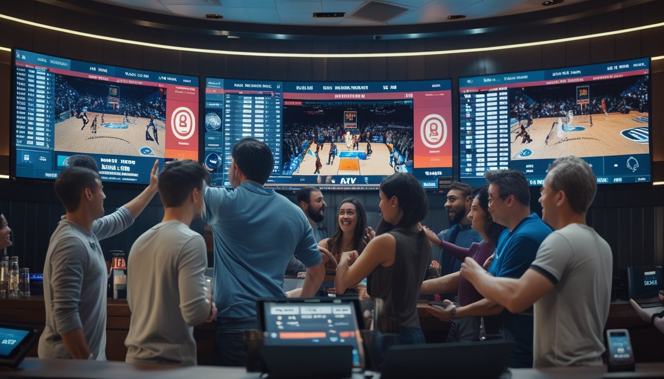 Sekelompok orang antusias menonton pertandingan bola basket NBA dan memasang taruhan langsung di sebuah lounge taruhan olahraga modern.