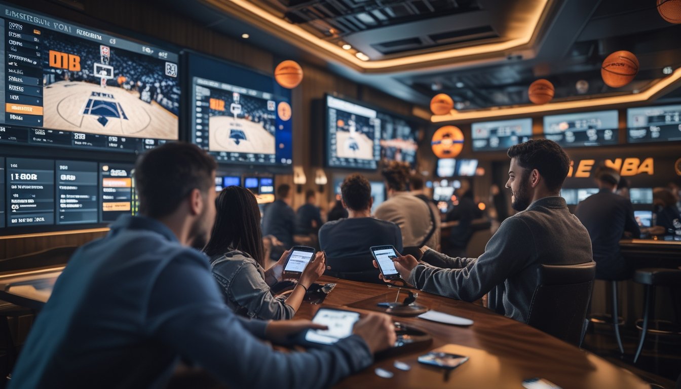 Sekelompok orang menonton pertandingan NBA di layar besar sambil memasang taruhan menggunakan ponsel di sebuah ruang taruhan olahraga yang modern dan terang.